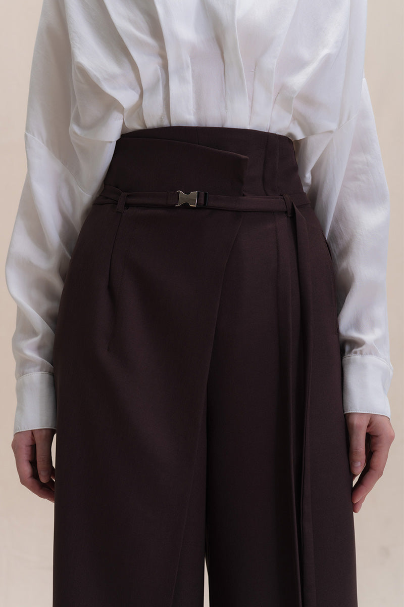 Asymmetric Wrap Wide Leg Pants In Dark Brown