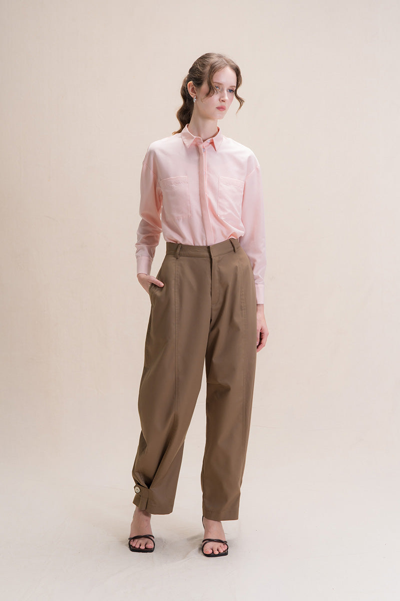 Barrel Pants With Ankle Button Details In Toffee Brown