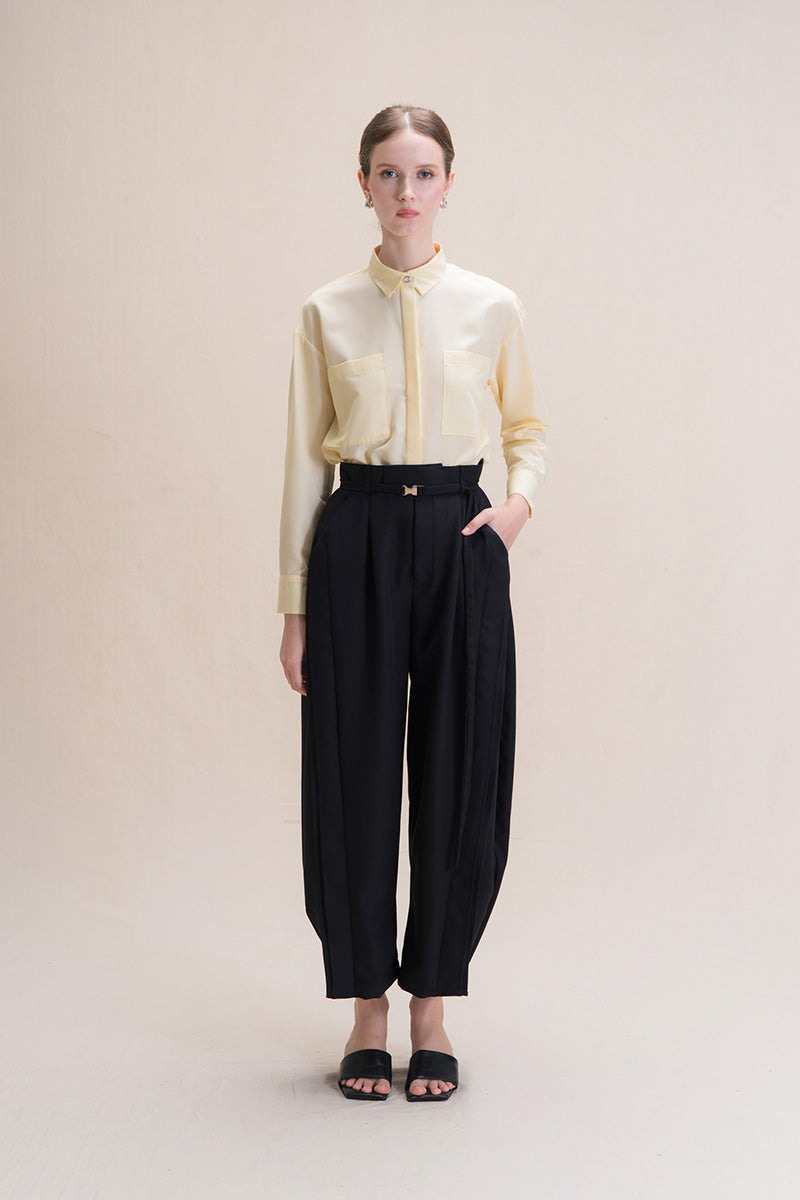 Barrel Pants With Buckle Belt And Side Stripes In Black