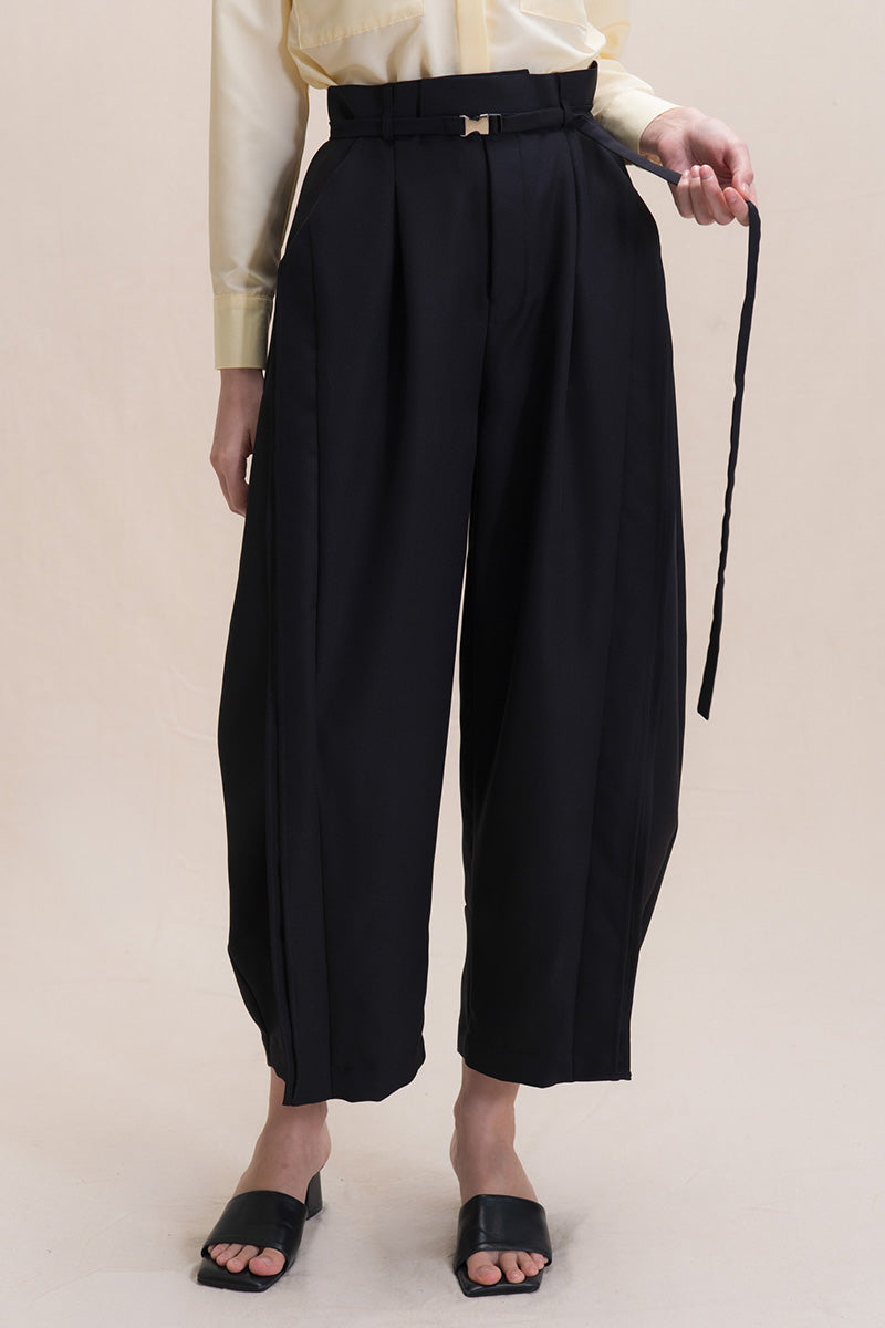 Barrel Pants With Buckle Belt And Side Stripes In Black