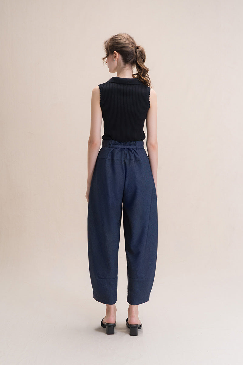 Barrel Pants With Buckle Belt And Side Stripes In Denim Blue