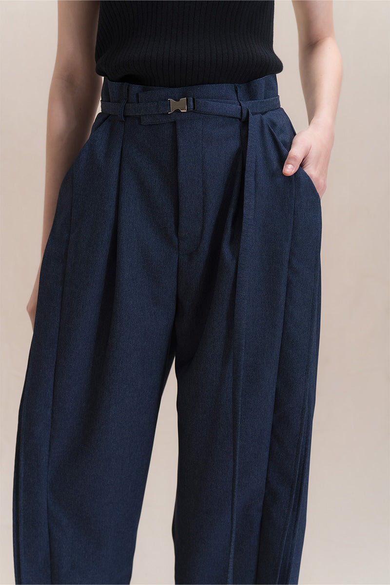 Barrel Pants With Buckle Belt And Side Stripes In Denim Blue