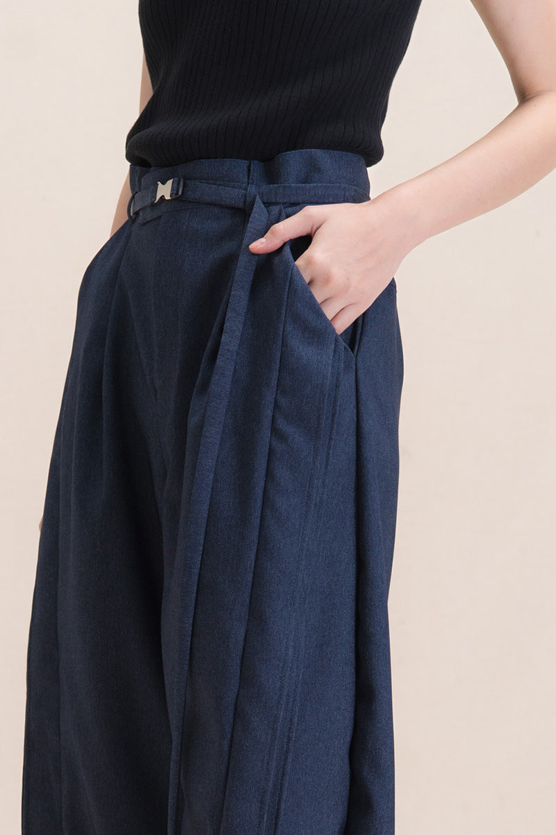 Barrel Pants With Buckle Belt And Side Stripes In Denim Blue