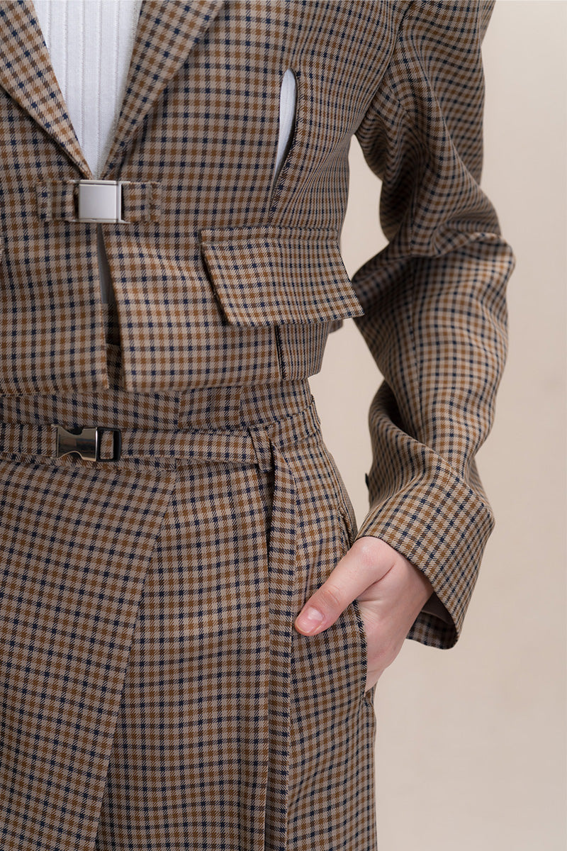 Buckle Cropped Blazer In Brown Houndstooth