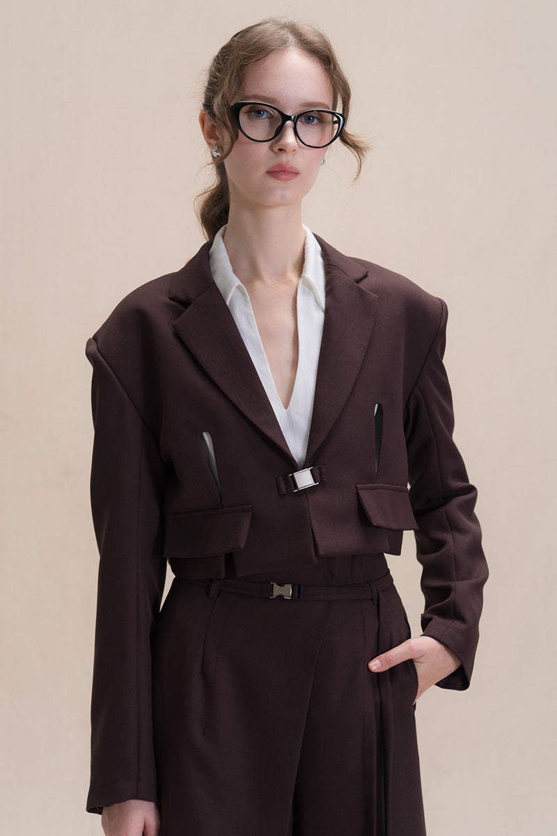 Buckle Cropped Blazer In Dark Brown