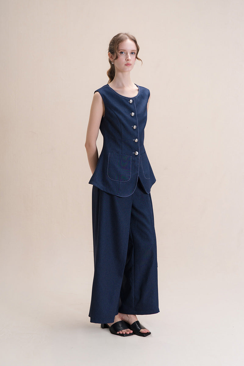 Contrast Topstitch Vest In Denim Blue