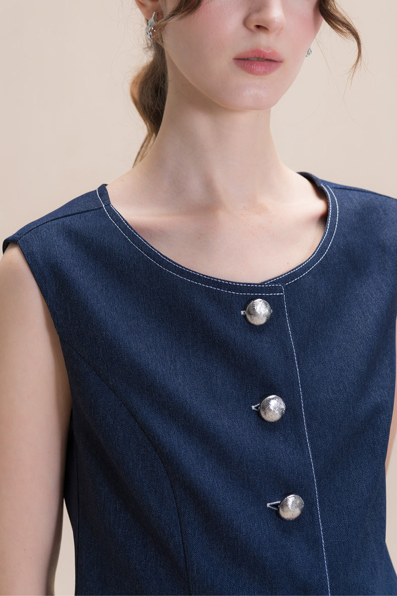 Contrast Topstitch Vest In Denim Blue