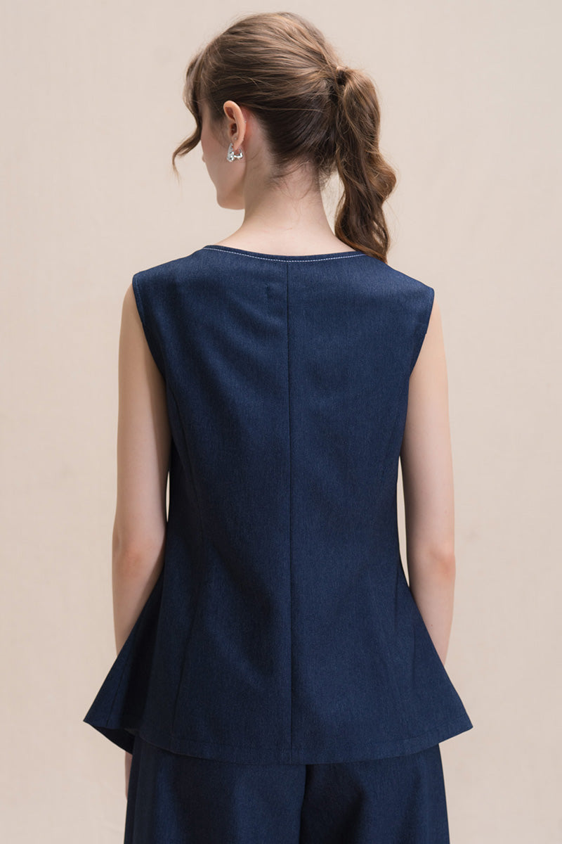 Contrast Topstitch Vest In Denim Blue
