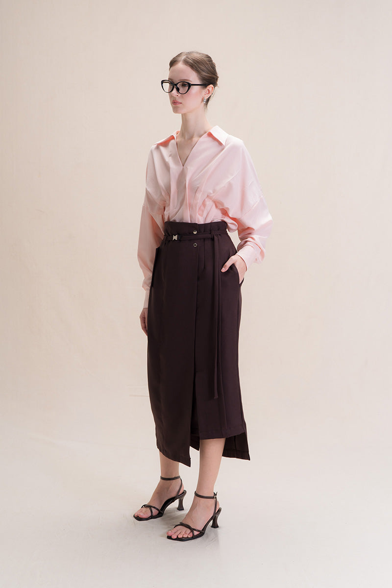 Asymmetric Wrap Midi Skirt In Dark Brown