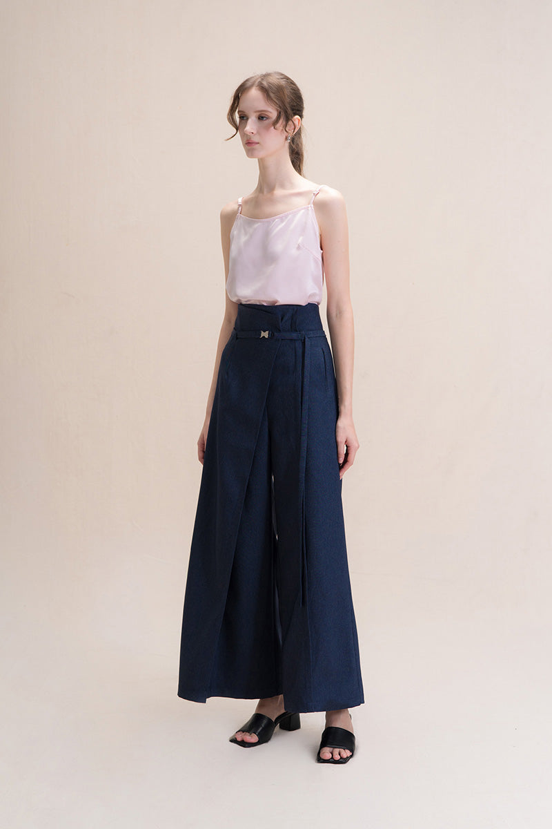 Asymmetric Wrap Wide Leg Pants In Denim Blue