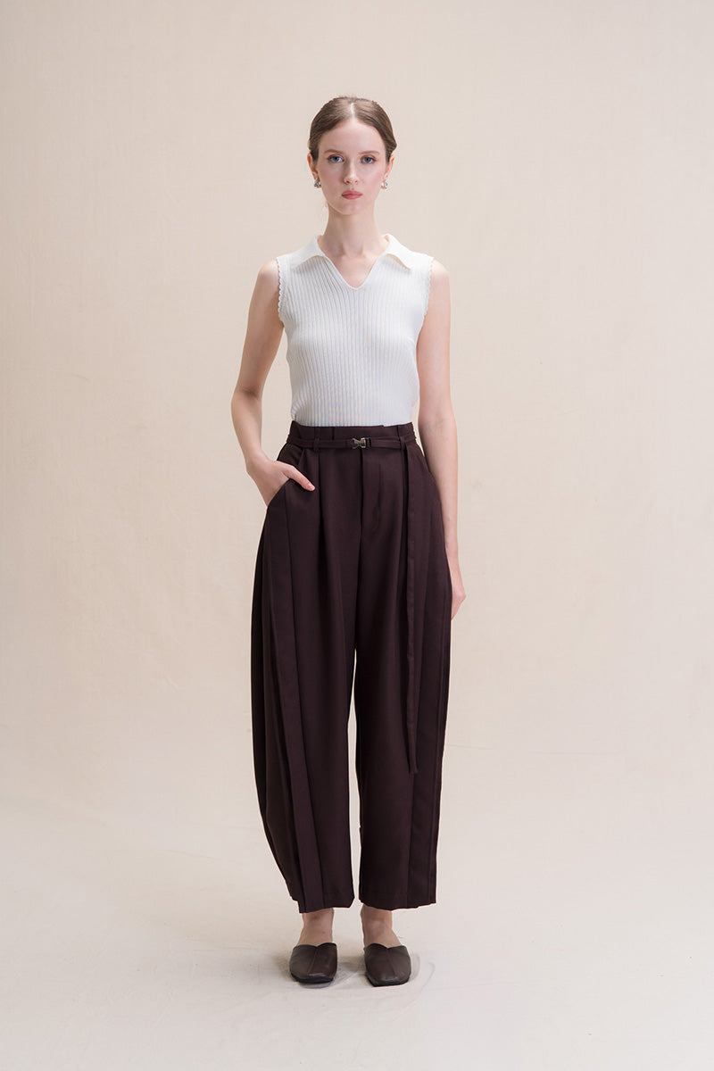 Barrel Pants With Buckle Belt And Side Stripes In Dark Brown