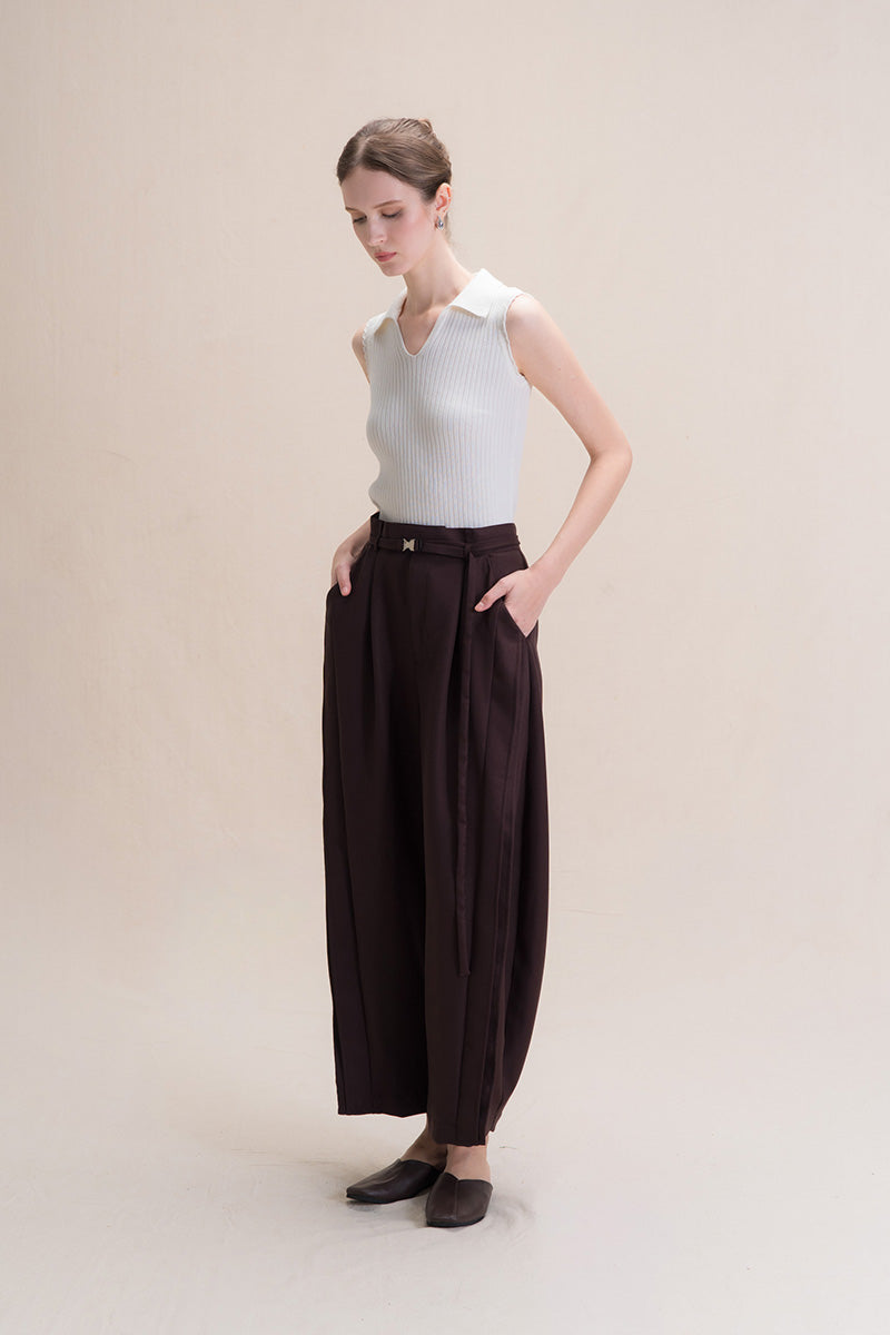 Barrel Pants With Buckle Belt And Side Stripes In Dark Brown