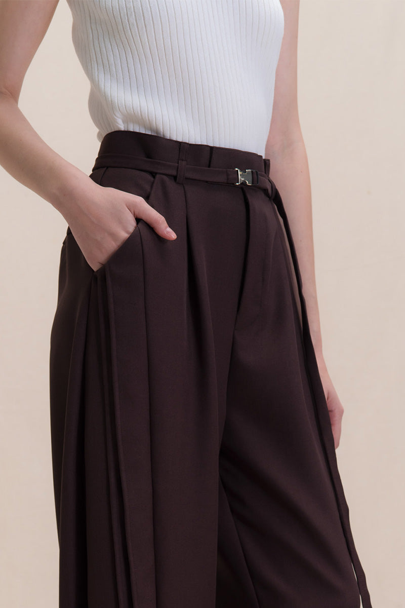 Barrel Pants With Buckle Belt And Side Stripes In Dark Brown