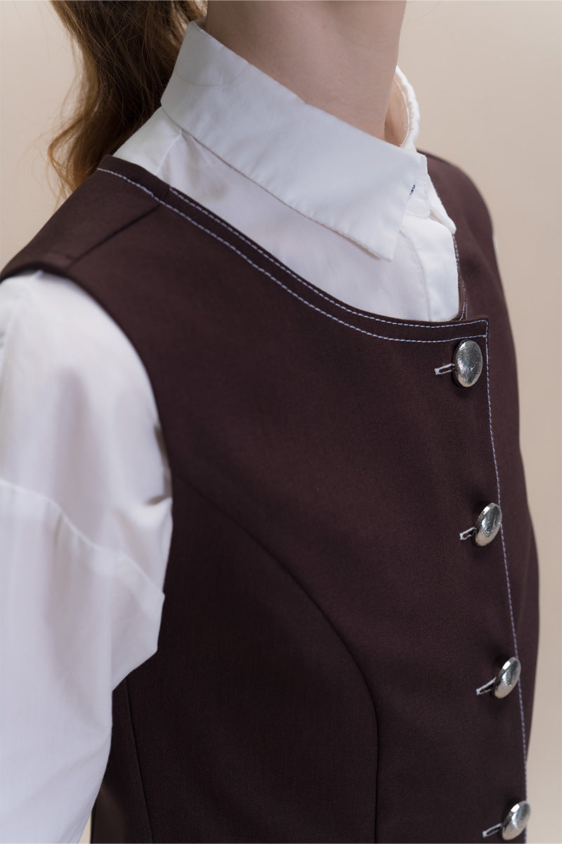 Contrast Topstitch Vest In Dark Brown