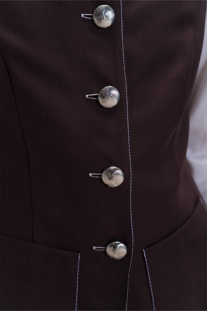 Contrast Topstitch Vest In Dark Brown