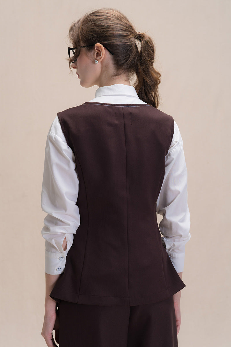 Contrast Topstitch Vest In Dark Brown