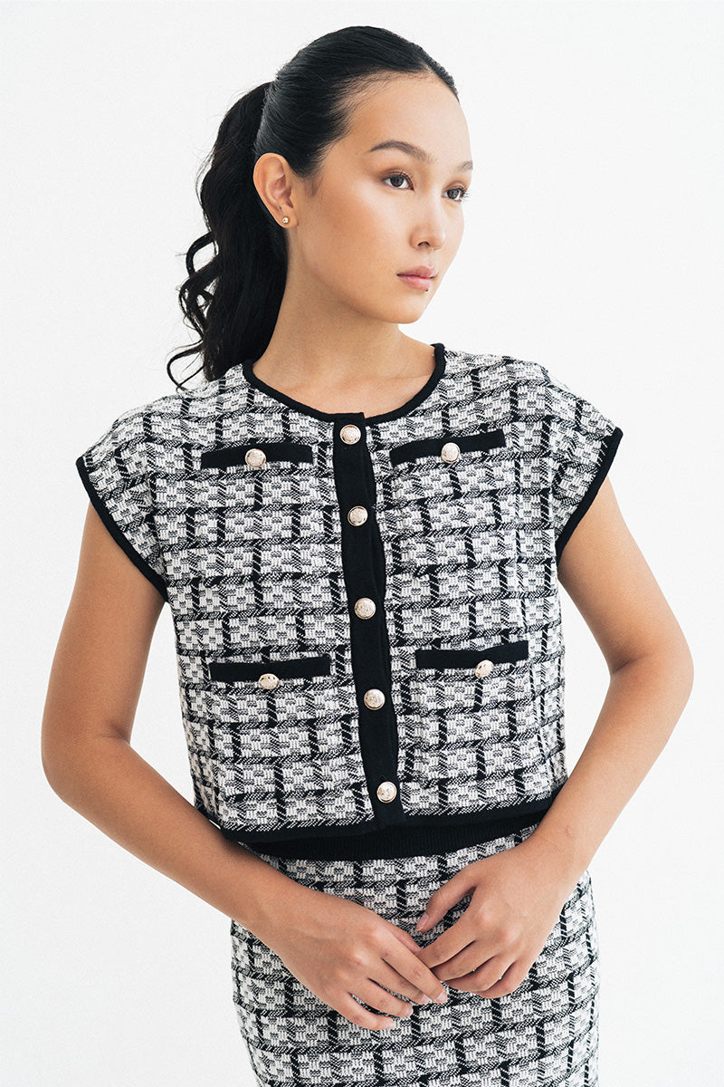 Check Knitted Blouse In Black