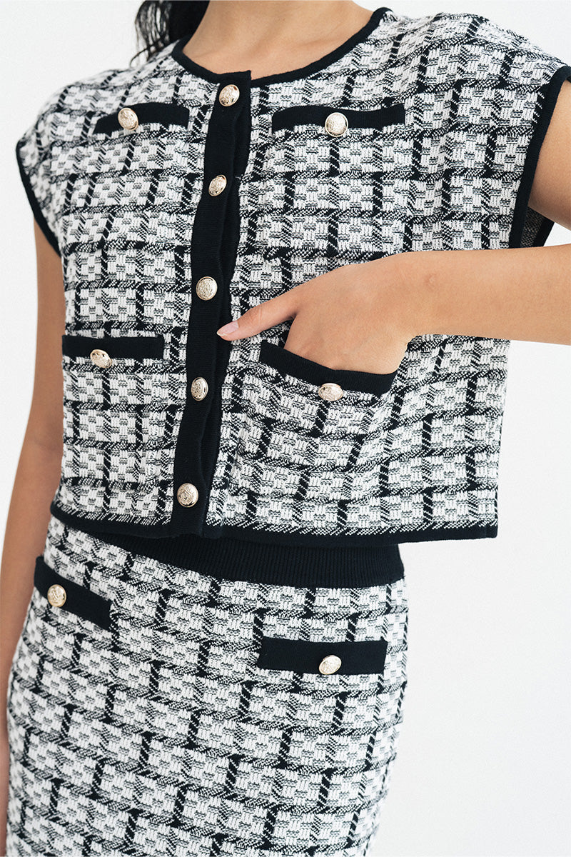 Check Knitted Blouse In Black