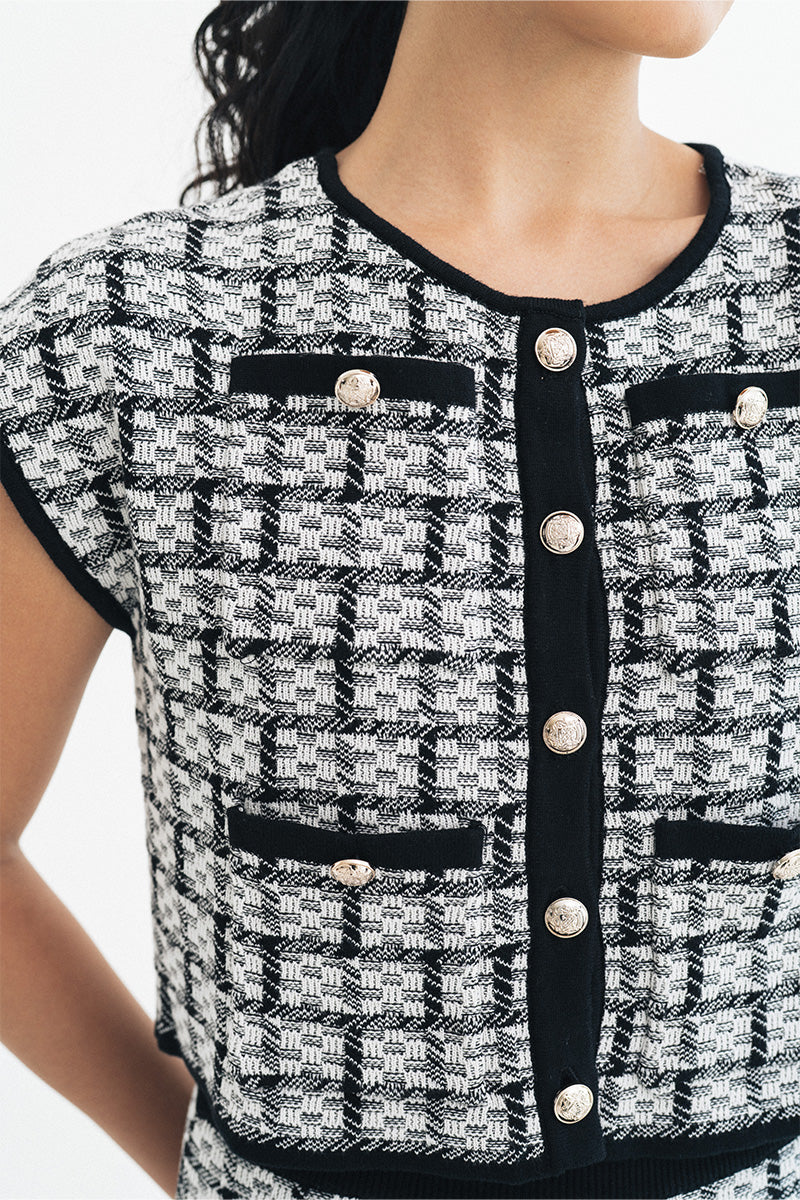 Check Knitted Blouse In Black