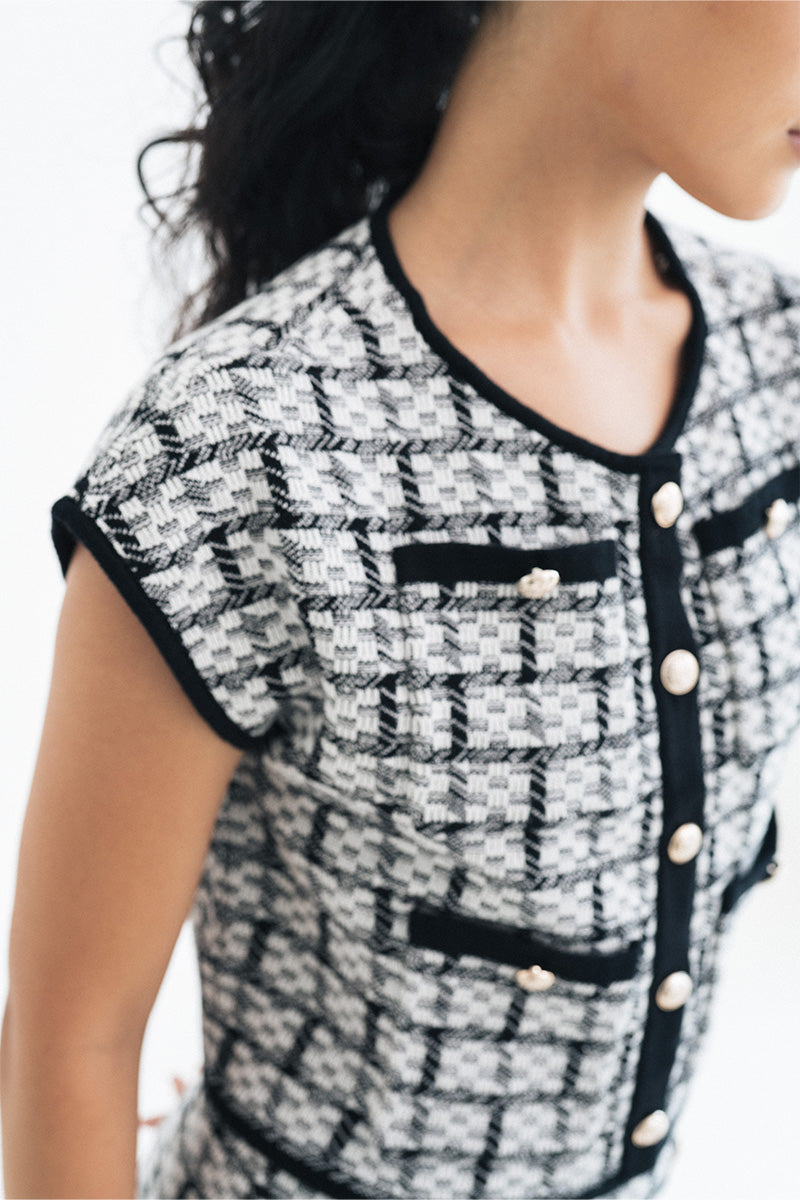 Check Knitted Blouse In Black