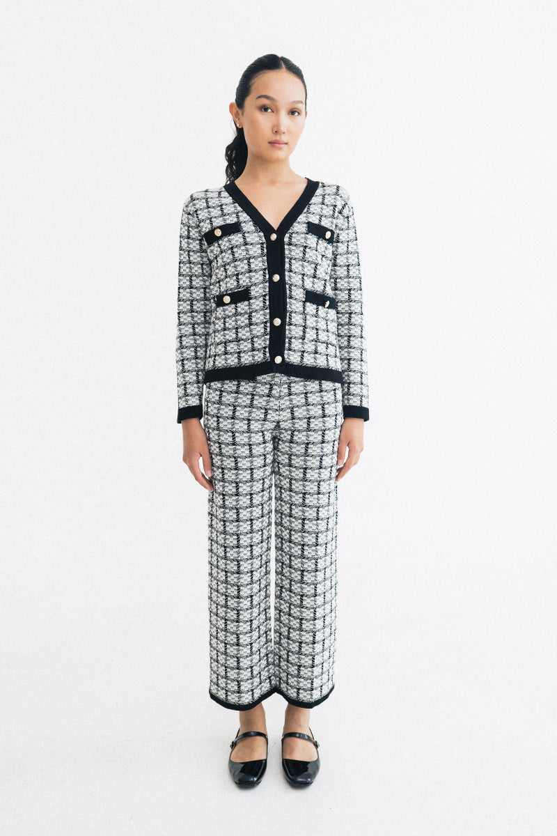 Check Knitted Cardigan In Black