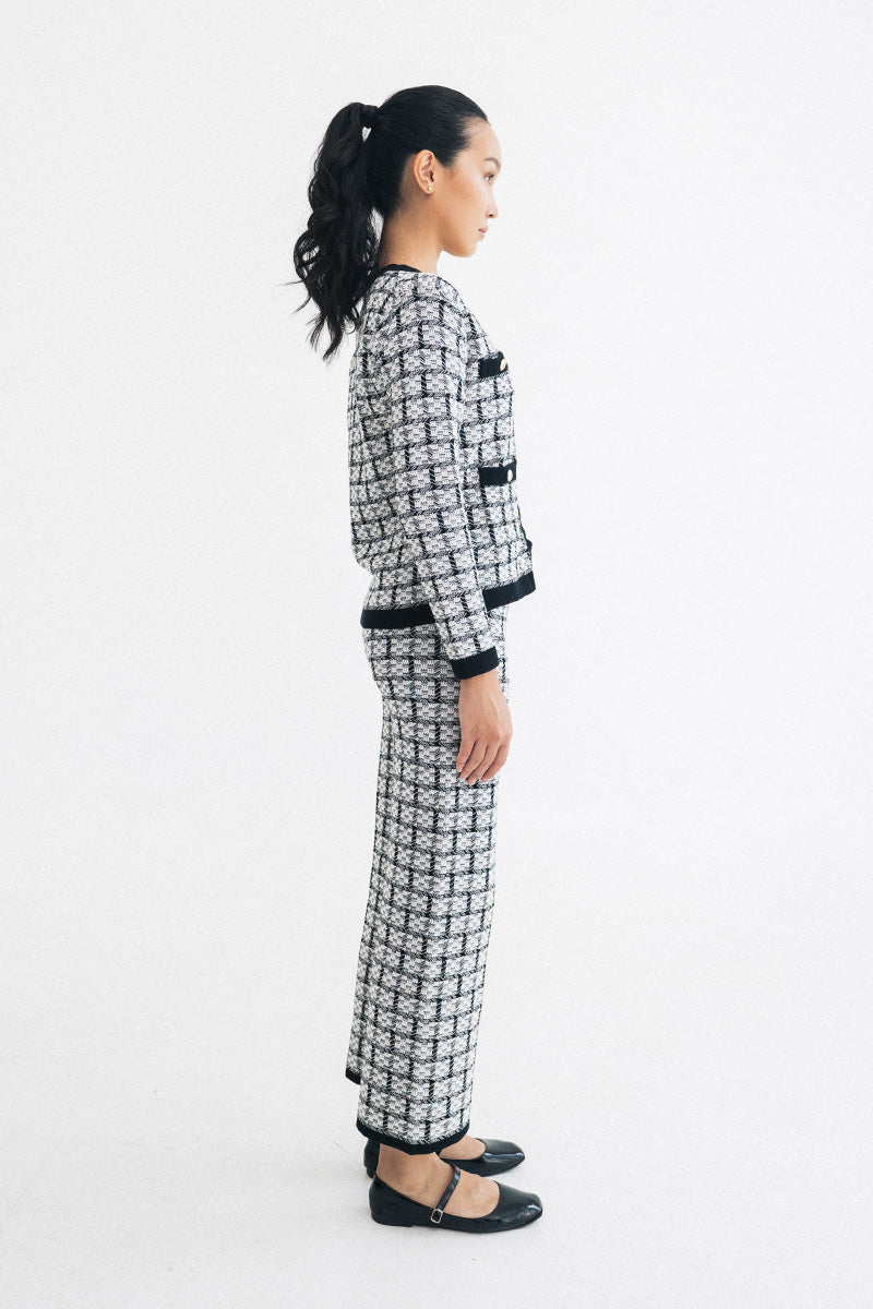 Check Knitted Cardigan In Black