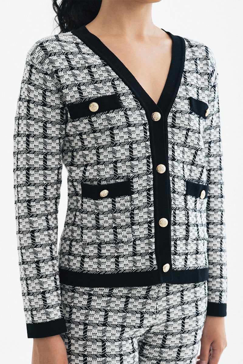 Check Knitted Cardigan In Black