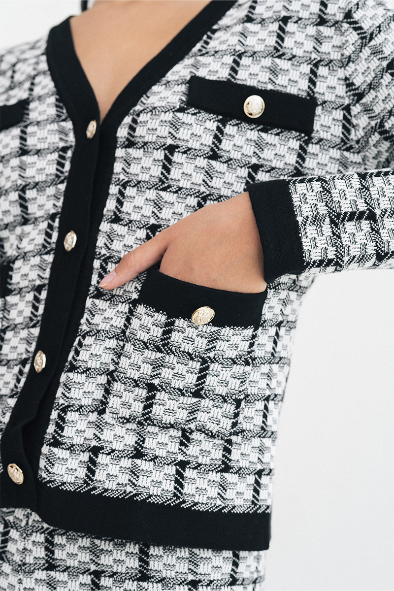 Check Knitted Cardigan In Black