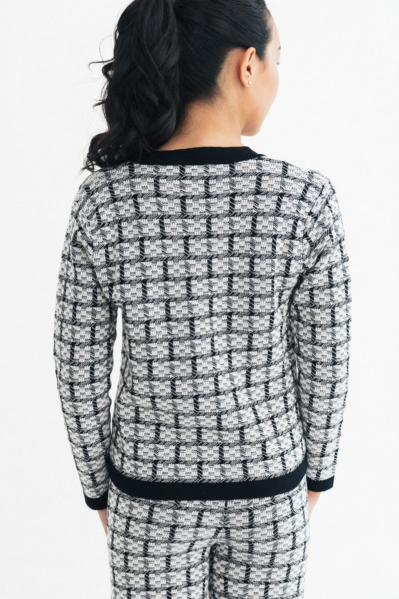 Check Knitted Cardigan In Black