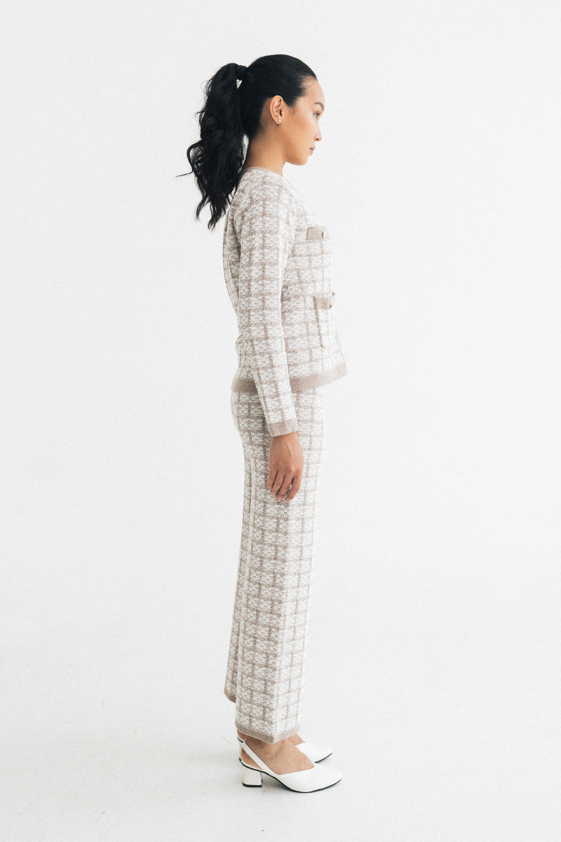 Check Knitted Cardigan In Brown