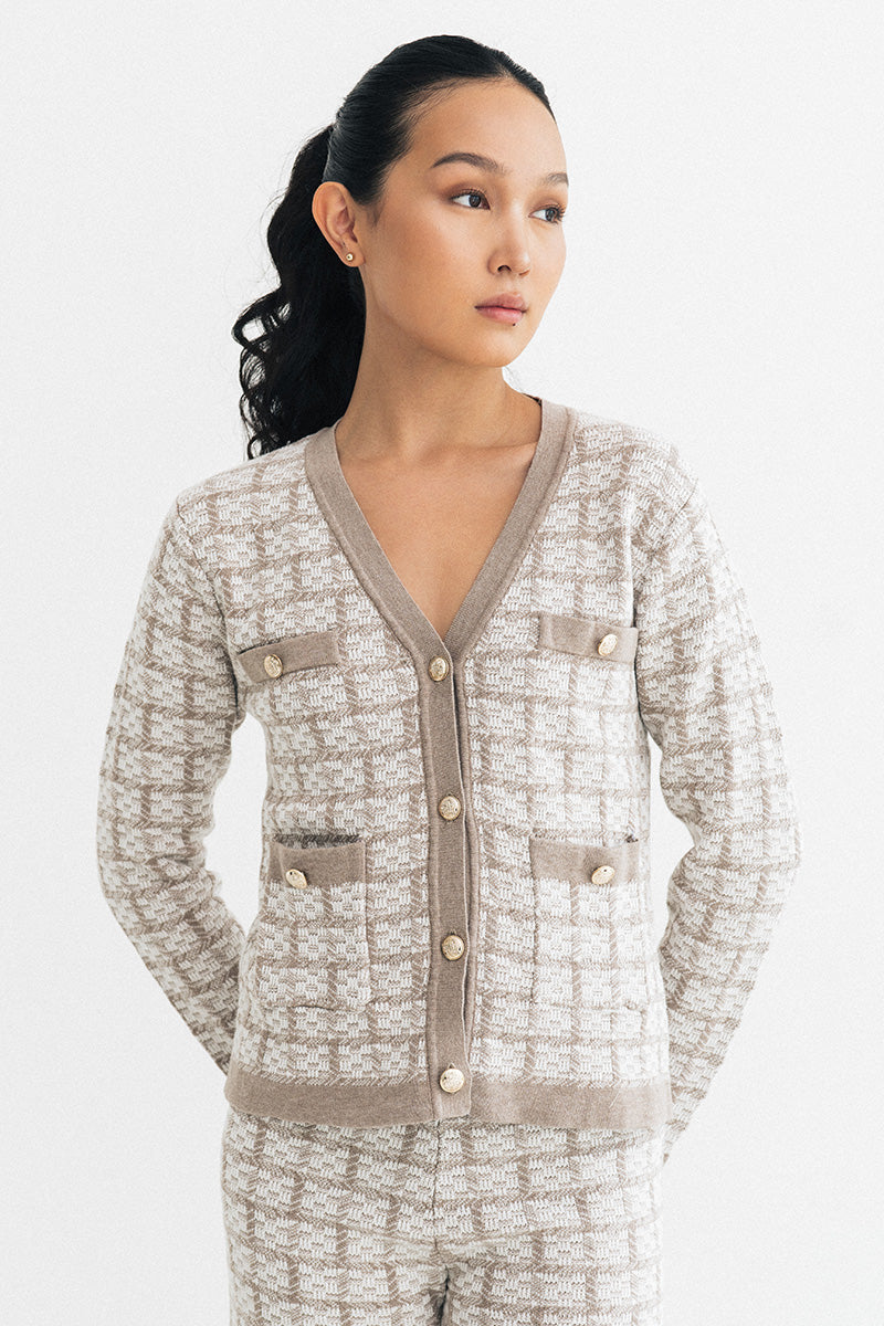 Check Knitted Cardigan In Brown