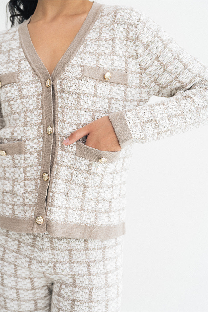 Check Knitted Cardigan In Brown