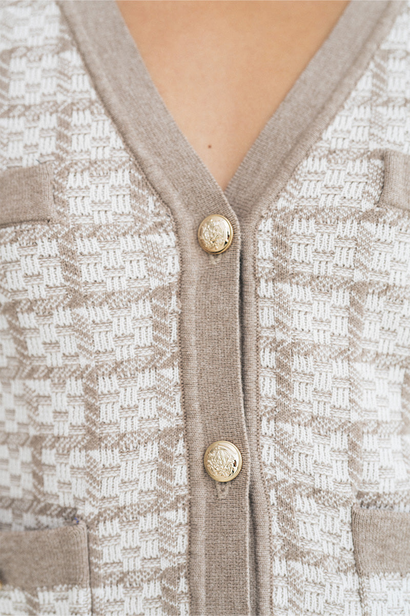 Check Knitted Cardigan In Brown