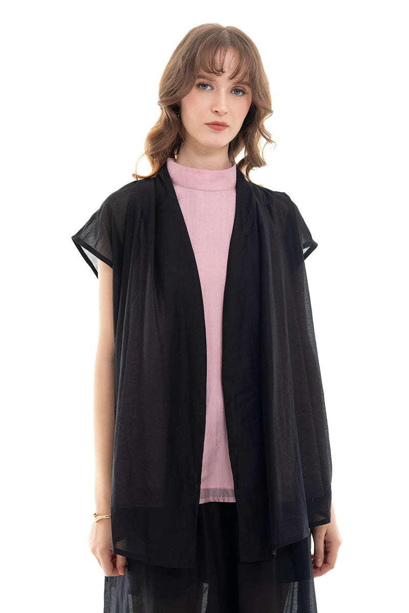 Cap-Sleeved Tie Waist Vest In Black