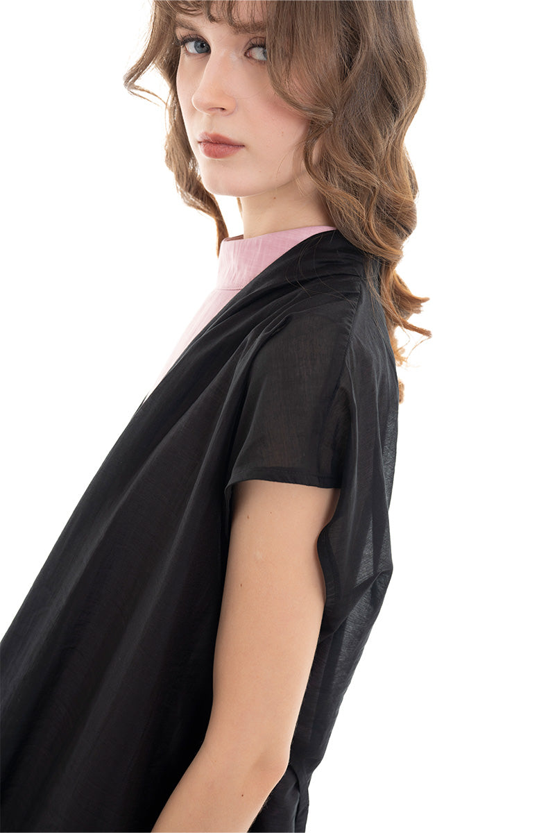 Cap-Sleeved Tie Waist Vest In Black