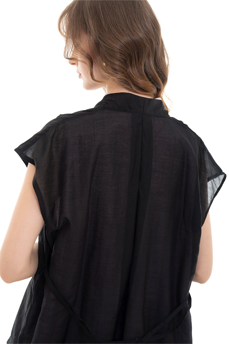 Cap-Sleeved Tie Waist Vest In Black