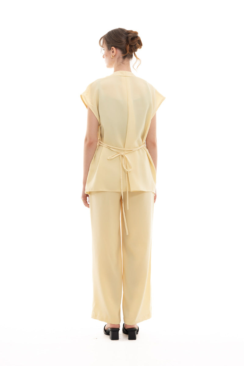 Cap-Sleeved Tie Waist Vest In Butter Yellow