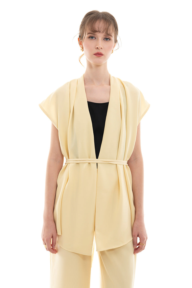 Cap-Sleeved Tie Waist Vest In Butter Yellow