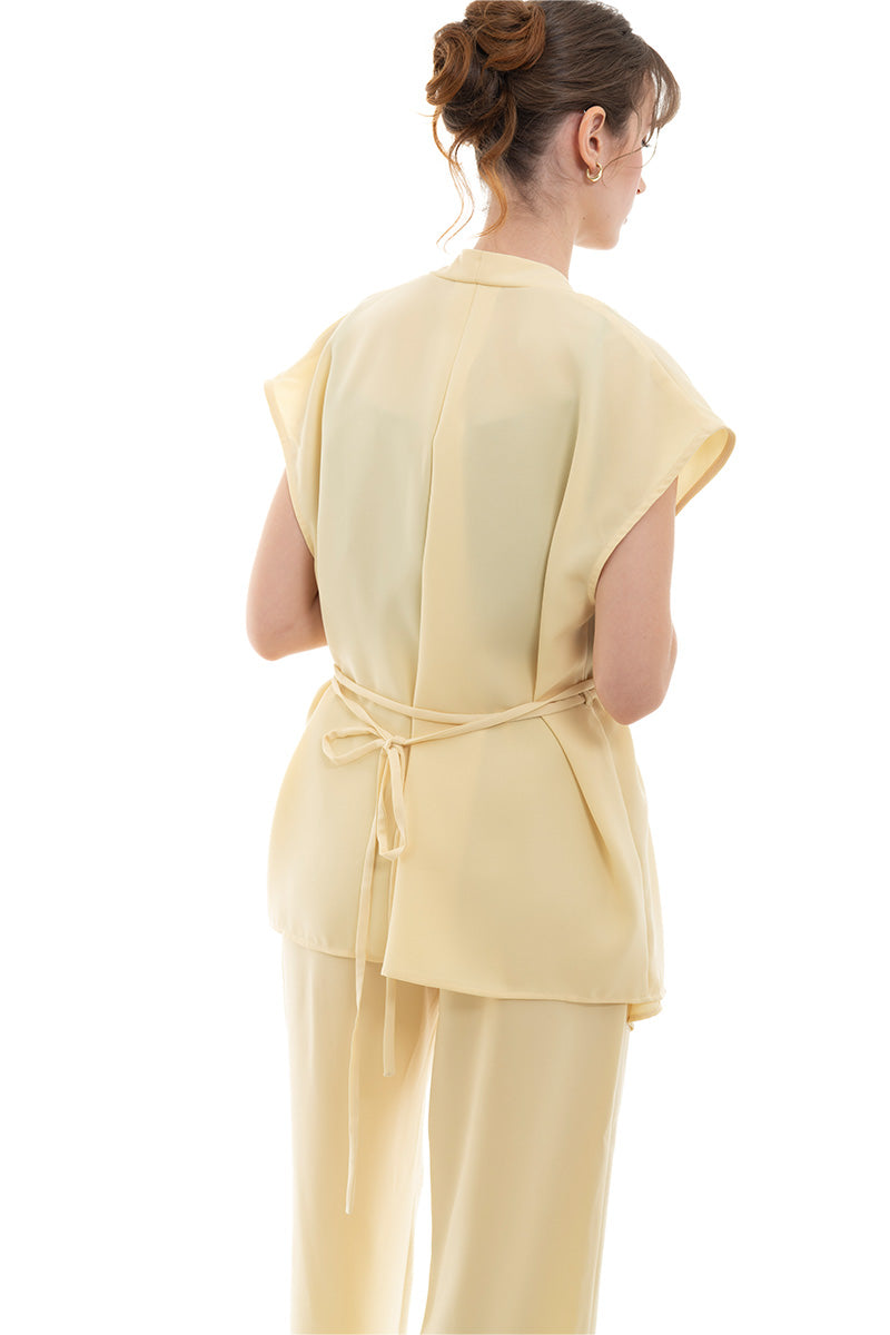 Cap-Sleeved Tie Waist Vest In Butter Yellow