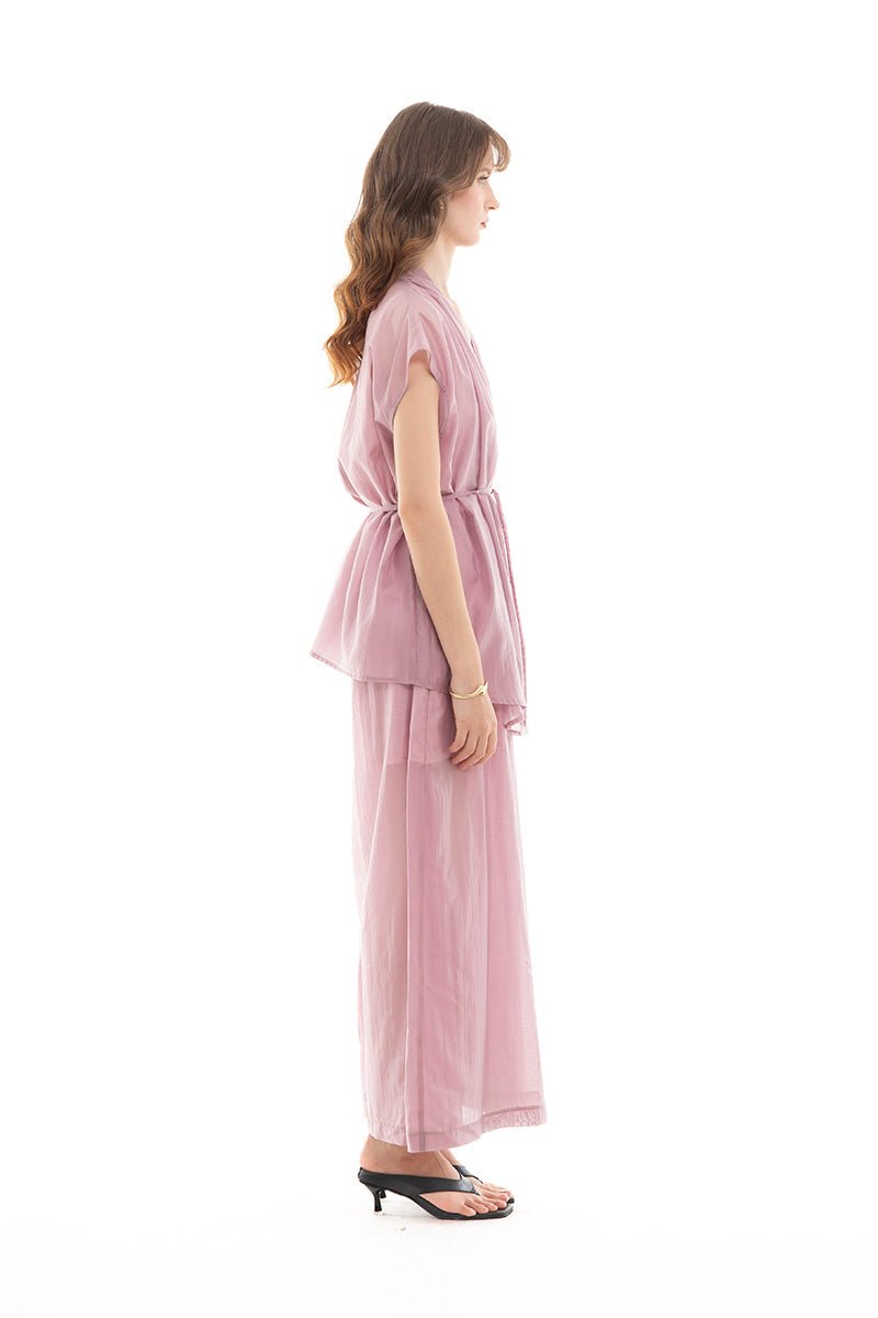 Cap-Sleeved Tie Waist Vest In Mauve Pink