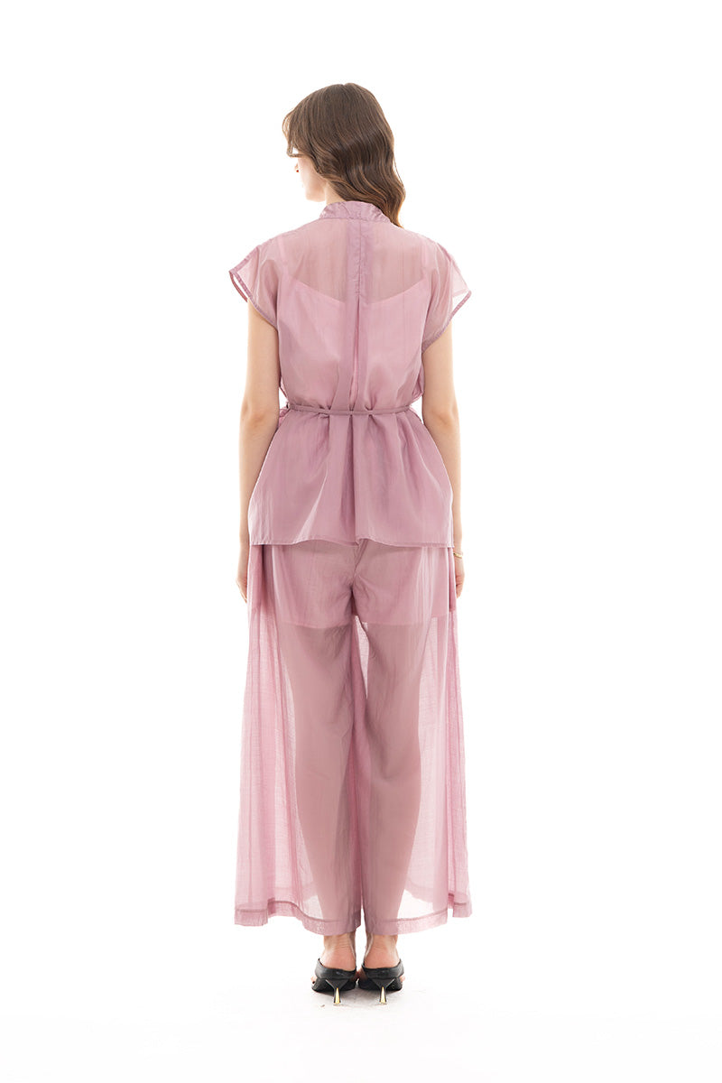 Cap-Sleeved Tie Waist Vest In Mauve Pink