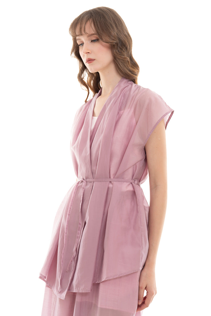 Cap-Sleeved Tie Waist Vest In Mauve Pink
