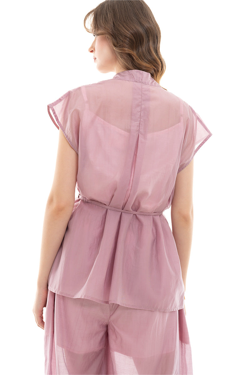 Cap-Sleeved Tie Waist Vest In Mauve Pink
