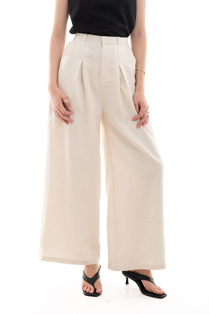 Natural Pleated Wide Leg Pants In Broken White