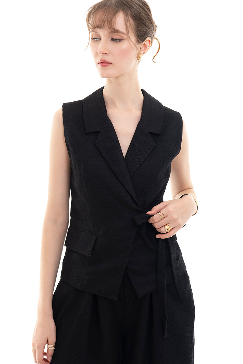 Natural Wrap Tie-Front Vest In Black