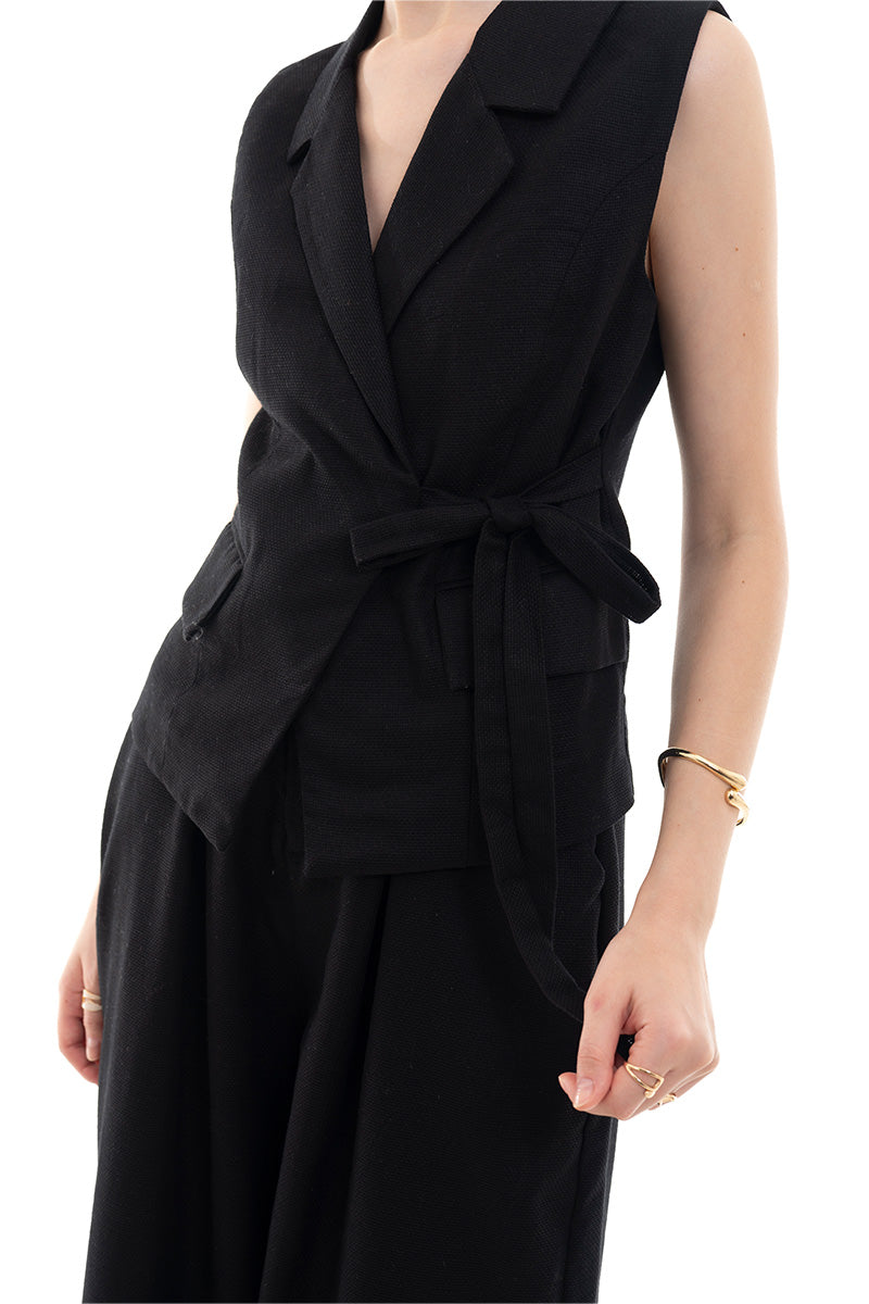 Natural Wrap Tie-Front Vest In Black