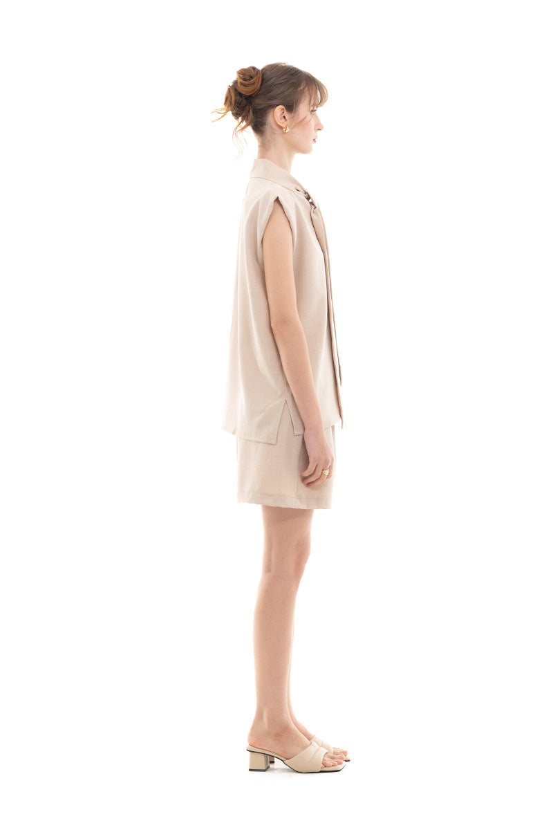 Scarf-Neck Sleeveless Top In Beige