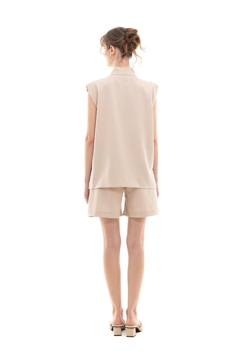 Scarf-Neck Sleeveless Top In Beige