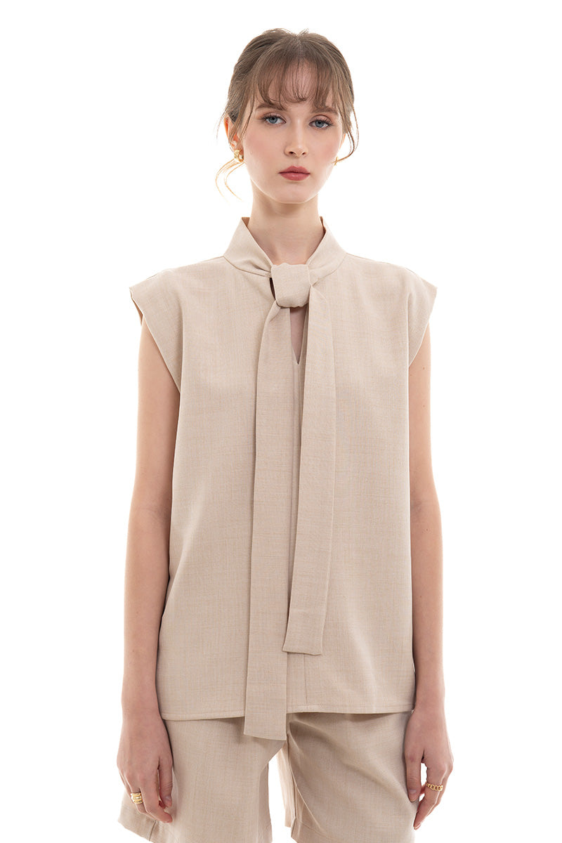 Scarf-Neck Sleeveless Top In Beige