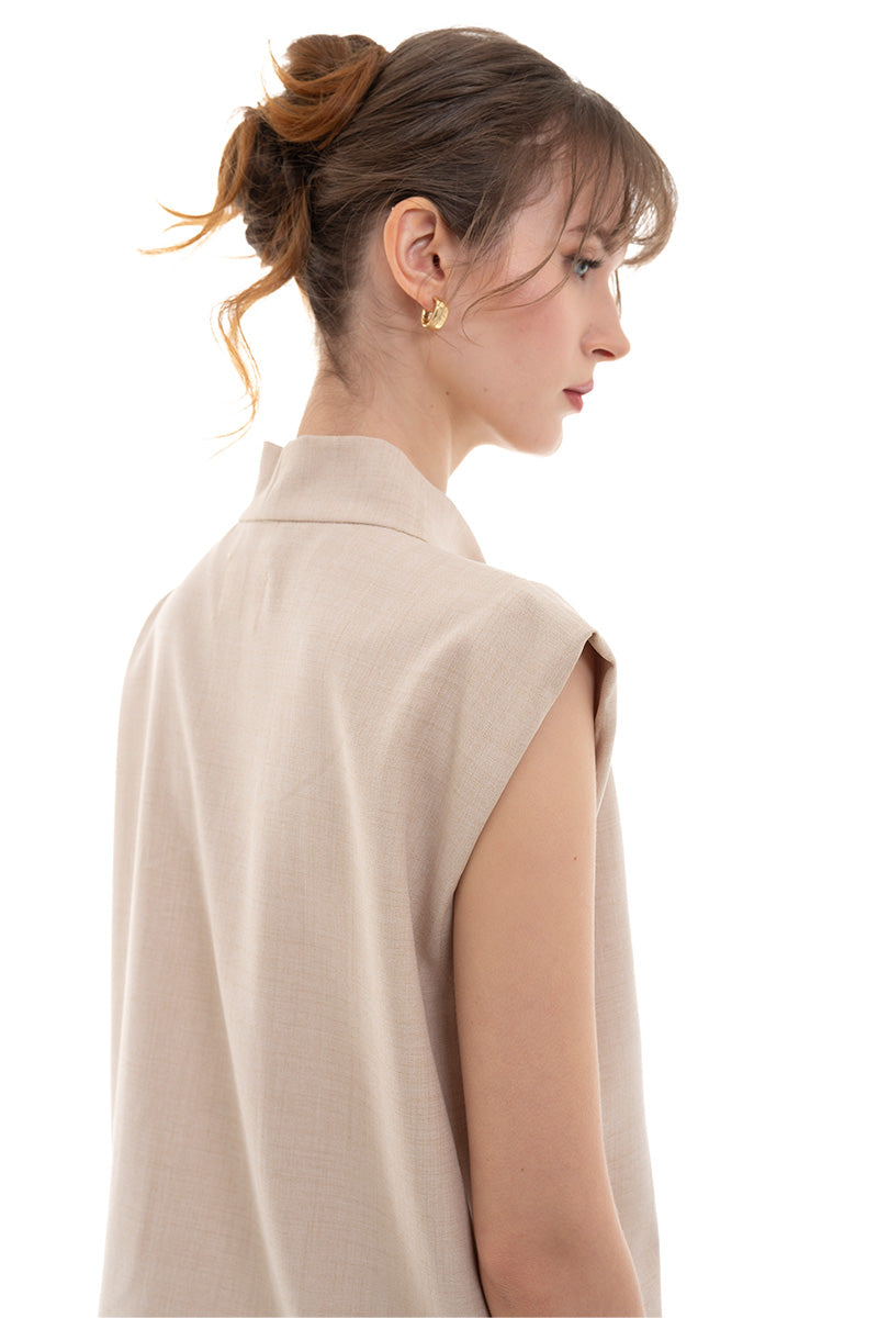 Scarf-Neck Sleeveless Top In Beige